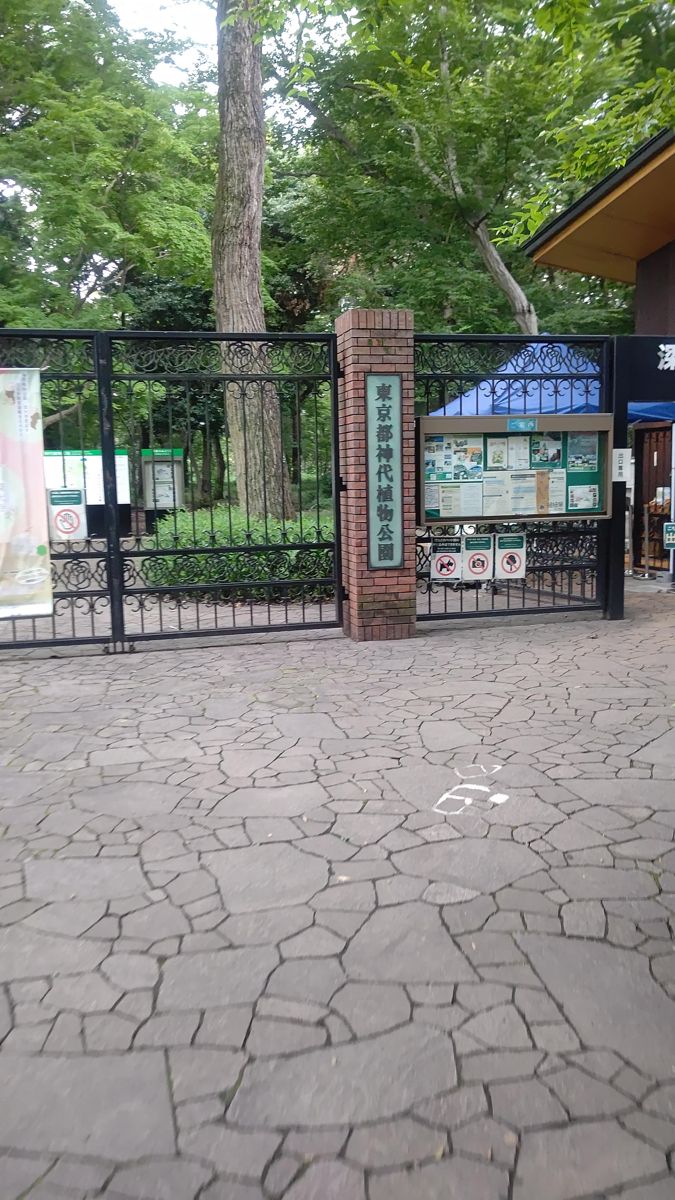 東京都神代植物公園の正門。門の奥に高い木が並ぶ