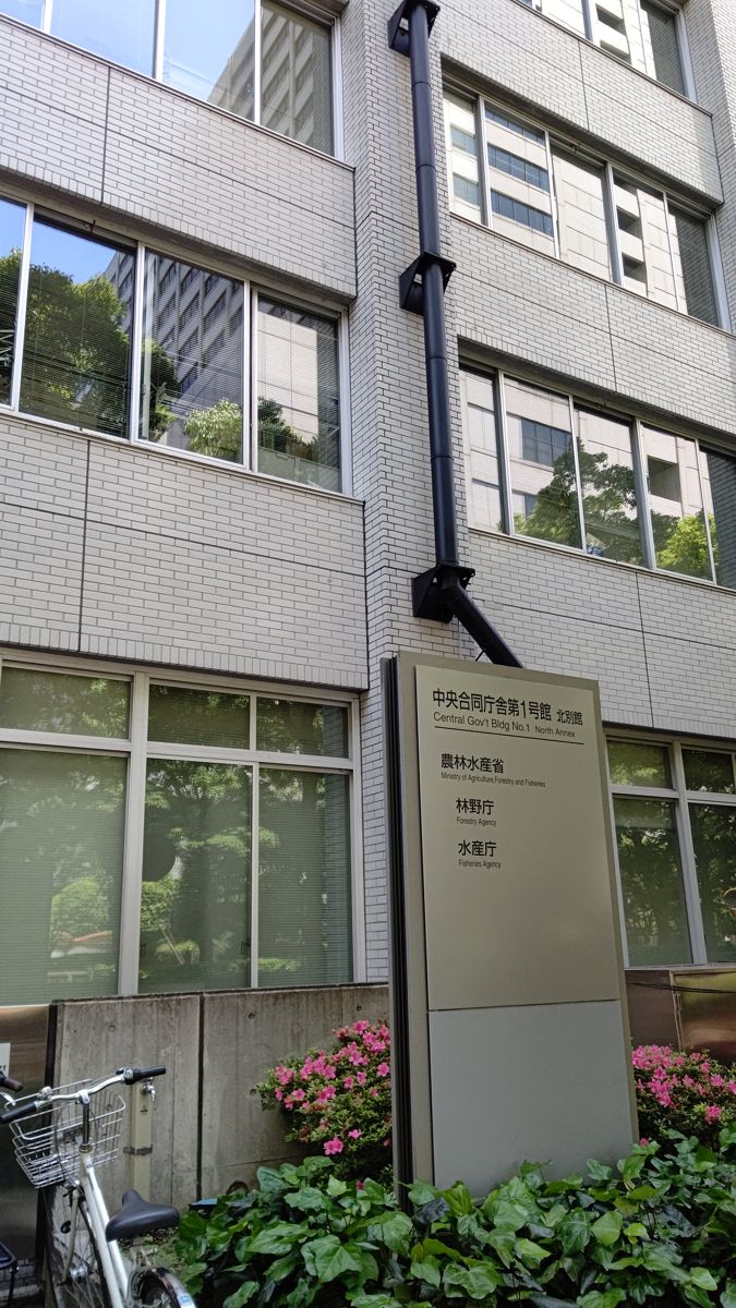 タイル張りの庁舎の入口脇に「中央合同庁舎1号館 北別館 農林水産省 林野庁 水産庁」の案内板。外壁に黒い管が下りてきて、1階の上で壁の中へ曲がって入る