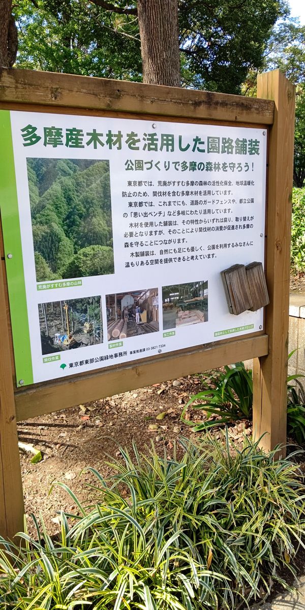 木の枠に掲げられた看板「多摩産木材を活用した園路舗装 公園づくりで多摩の森林を守ろう!」。間伐・製材・加工の写真と、舗装材の木材ブロックの見本が付いている